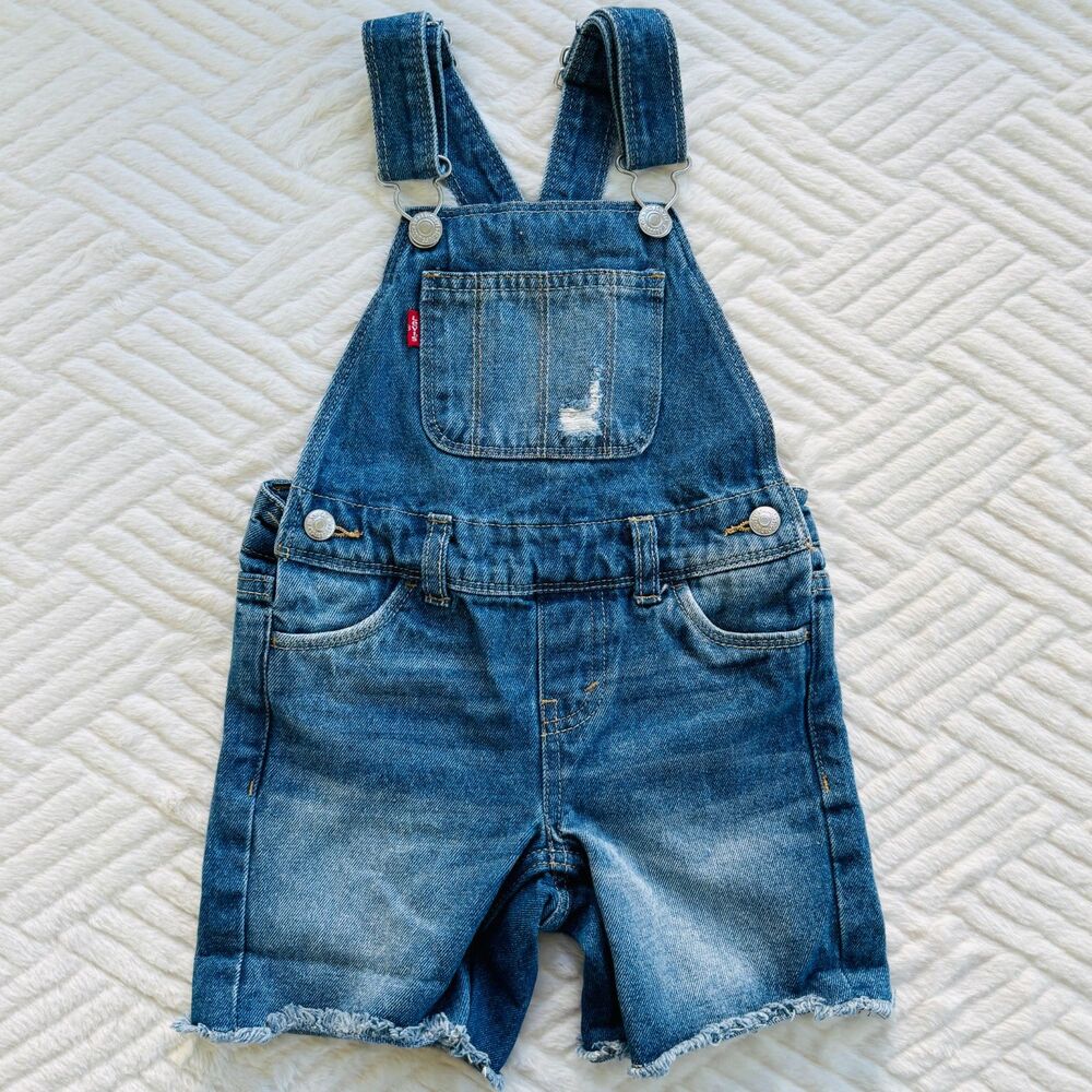 Levi's Toddler Girls 3T Denim Shortalls Blue Distressed Jean Overall Shorts Kids